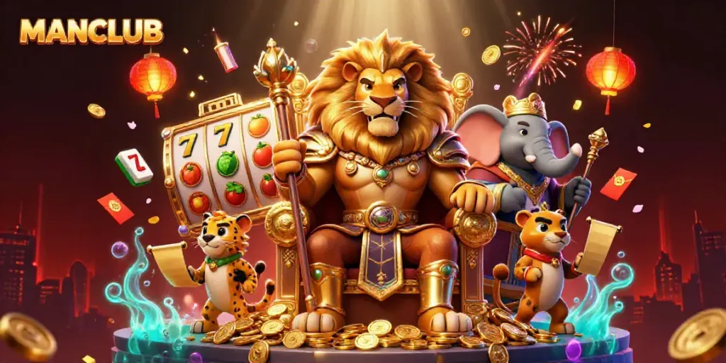 Engage in thrilling action at MANCLUB's casino scene with vibrant characters, slot reels, and festive elements.