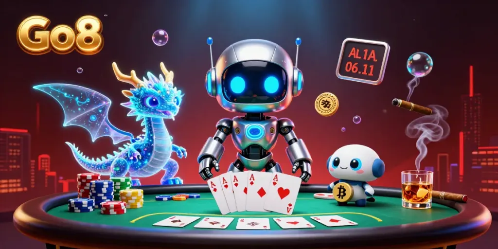 Experience thrilling gameplay with Go8's cyberpunk casino scene featuring poker elements.