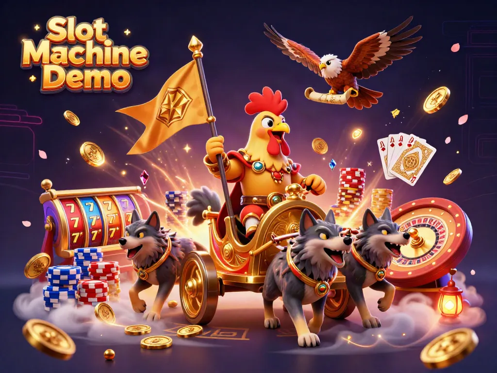 Experience the Slot Machine Demo with vibrant icons, the rooster warlord, and sparkling gems!