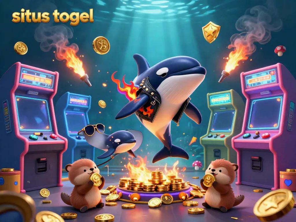 Karakter 3D ikan orca, stingray, dan berang-berang dengan koin emas, menciptakan suasana situs togel yang menggembirakan.