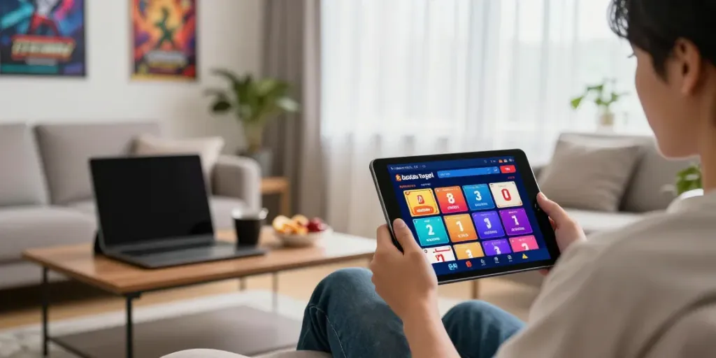 Engaged user checking bandar togel results on a tablet in a cozy living room.
