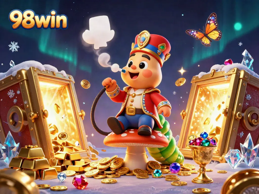 Join the excitement at 98win with a vibrant 3D casino scene showcasing unique characters and sparkling treasures.
