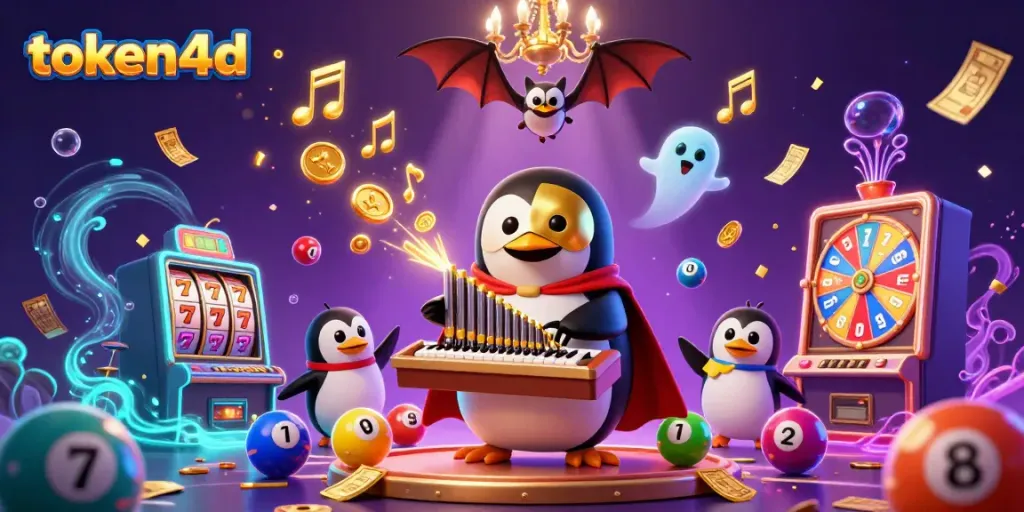 Pemain slot token4d yang meraih kemenangan dengan karakter penguin dan organ ajaib.