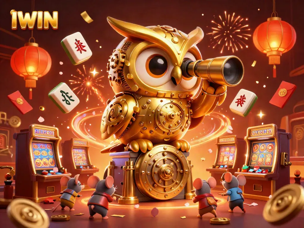 IWIN's vibrant online casino scene with an owl, mice, and festive decorations bringing luck to players.