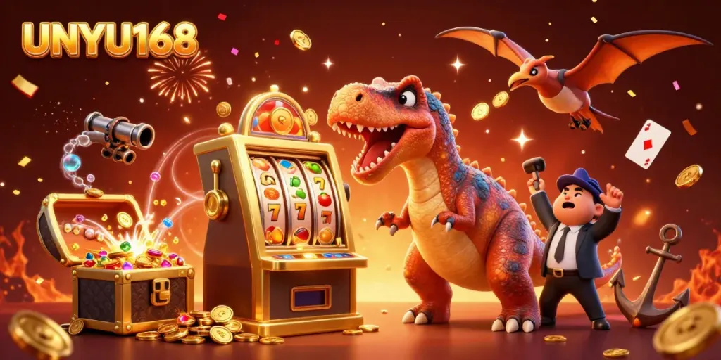 UNYU168 merayakan jackpot dengan dinosaurus kartun di mesin slot penuh koin emas.