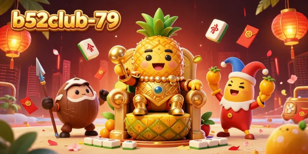 Engage in the vibrant casino scene of b52club-79 featuring a golden pineapple king and dynamic game elements.
