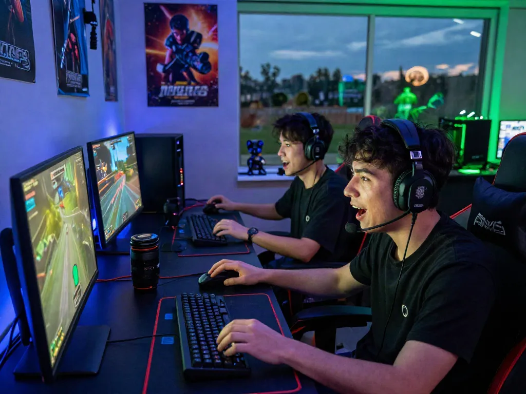 Engaged gamers playing istana404 online multiplayer game with vibrant graphics and energetic atmosphere.