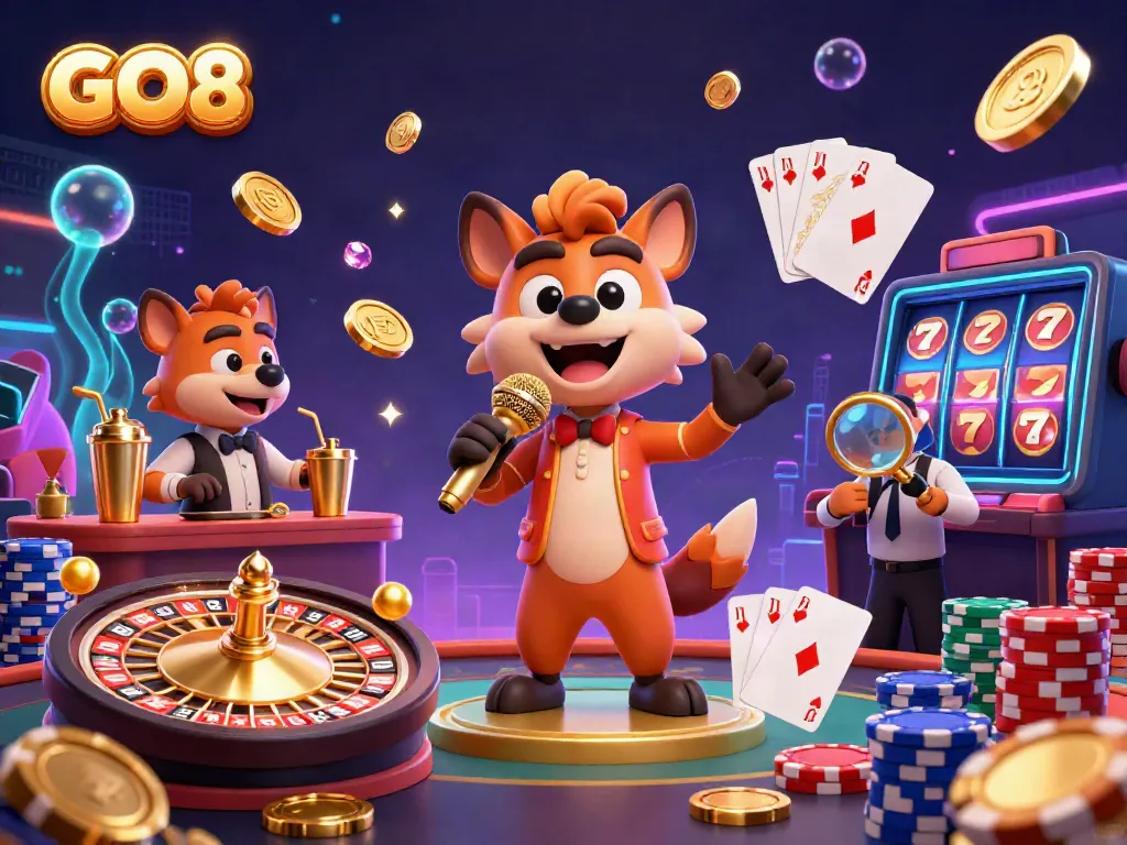 Engage in the GO8 casino with hyenas performing comedy, mixing drinks, and checking IDs amid golden coins and roulette.