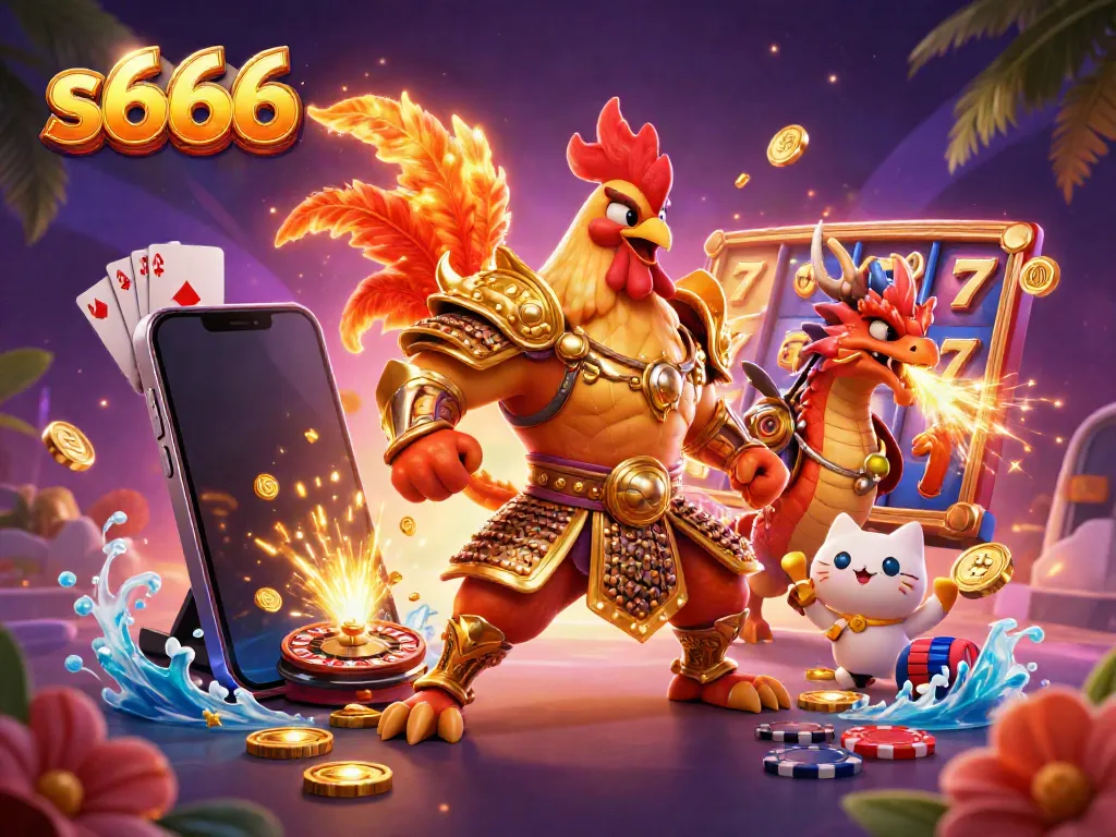Experience exciting gaming action with s666 featuring a vibrant scene of a rooster warrior, dragon, and fortune cat amidst dynamic casino elements.