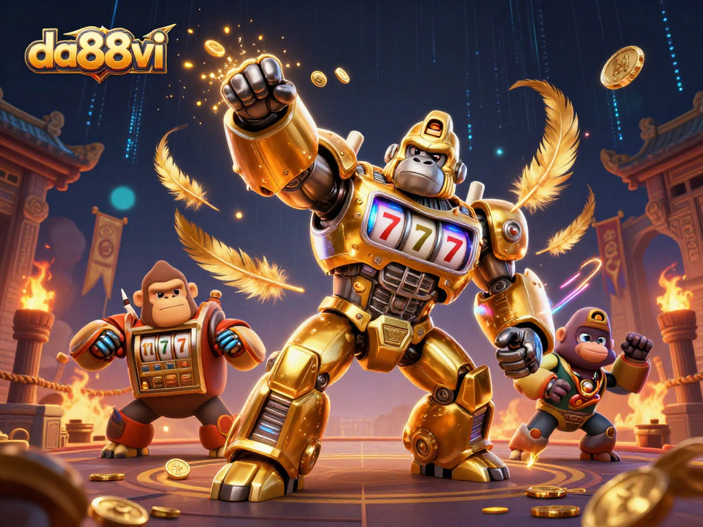 Engage with da88vi's exciting casino scene featuring a golden gorilla mech and vibrant gaming elements.