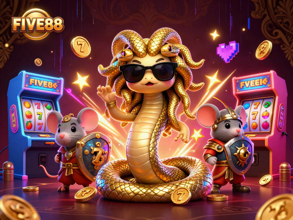 Engage with FIVE88's gambling excitement in a vibrant, cartoonish Medusa and warrior scene.