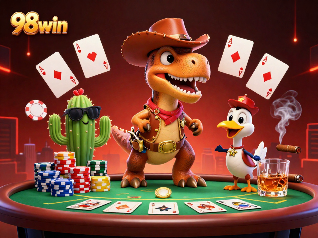 Engage in thrilling poker action with 98win's cartoon T-Rex, cactus, and roadrunner!