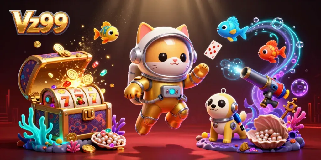 Engage with Vz99's vibrant casino experience through a lively illustration showcasing gaming elements.