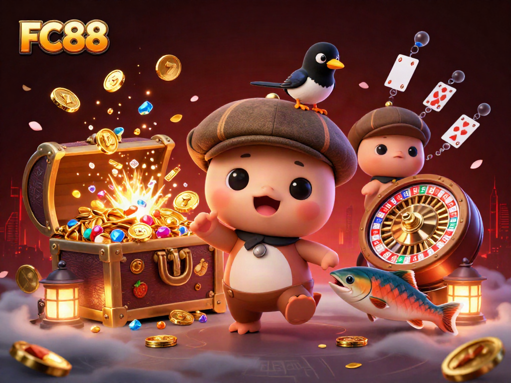 Engage with FC88 as baby Nessie rejoices in a vibrant casino scene, playing slots and winning big!