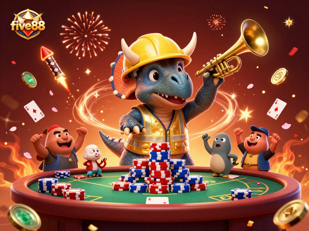 Cheer for five88 with a cartoon scene of celebratory dinosaurs building poker chip towers.