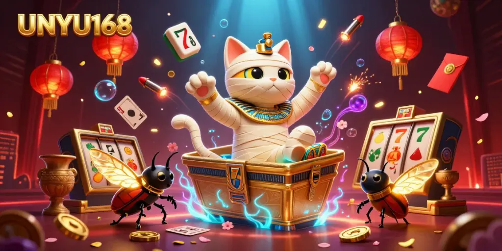 UNYU168 menghadirkan pengalaman kasino yang memikat dengan mumi kucing dan simbol slot yang berkilau.