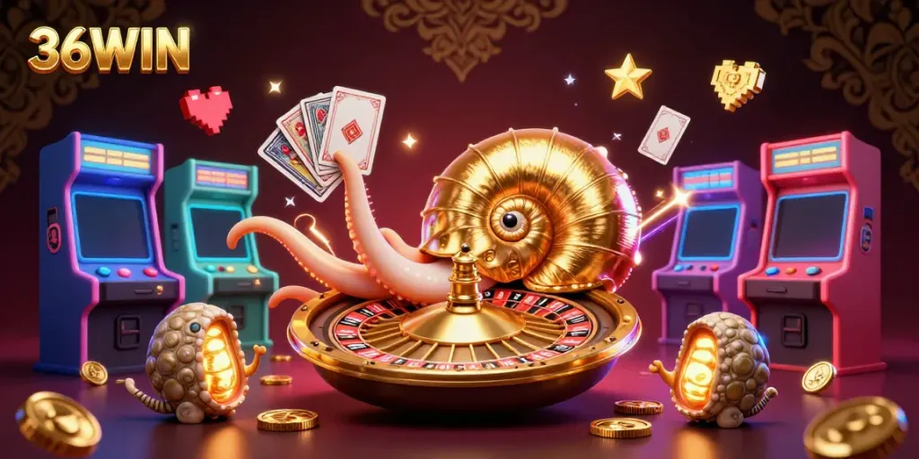 Experience the thrill of 36WIN with a vibrant casino scene featuring 3D cartoon characters and gaming elements.