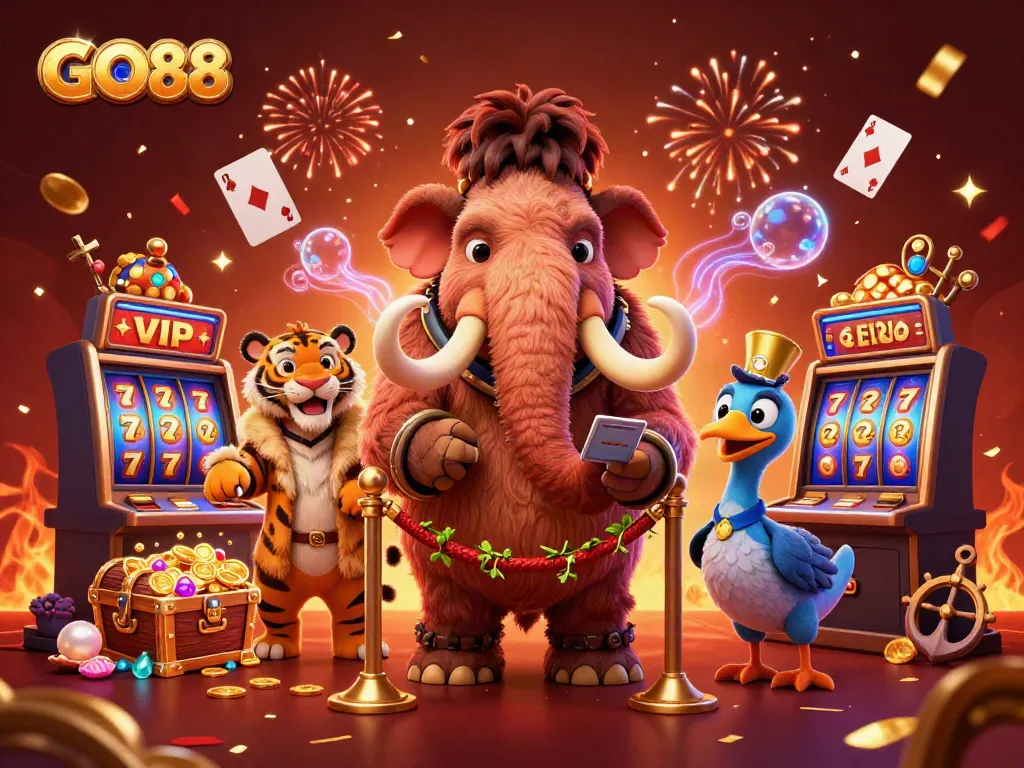 Enjoy GO88 by interacting with vibrant characters in a lively casino scene.