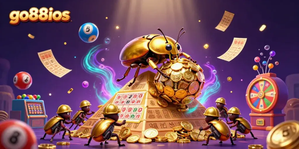 Experience gaming excitement with go88ios in this vibrant casino-themed scene filled with golden coins and lottery elements.