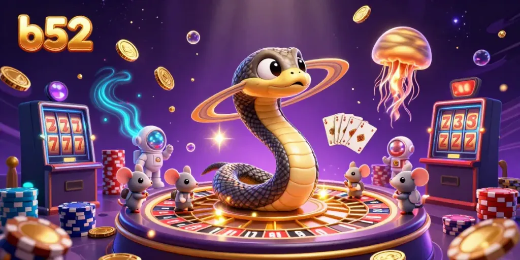 Experience cosmic betting action with b52 in a vibrant space casino scene.