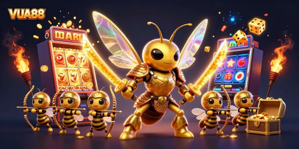 Experience thrilling gameplay and jackpots at VUA88, featuring vibrant 3D casino illustrations.