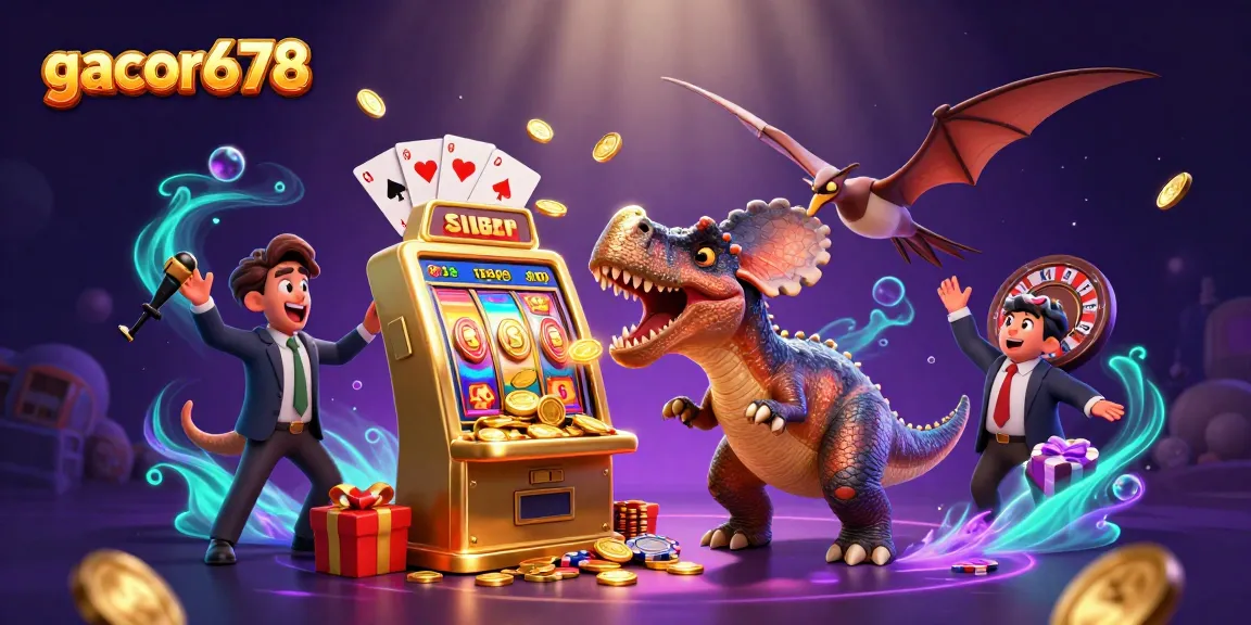 Experience jackpot thrills with gacor678 as a dinosaur smashes a golden slot machine!