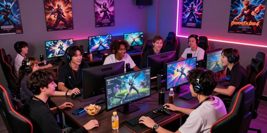 Players celebrating a game night with garuda404 platform, vibrant gaming scene, lively competition, and community atmosphere.