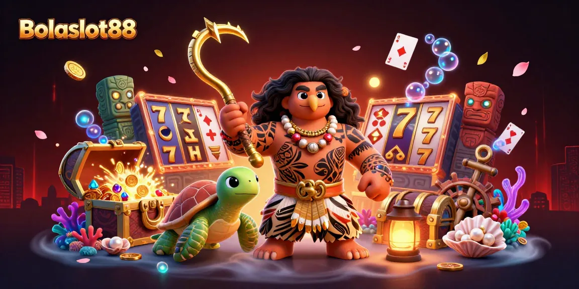 Bolaslot88 offers a vibrant 3D casino scene with a demigod, turtle, and slot elements.