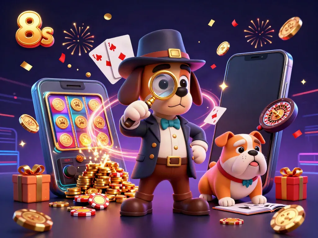 Engage with 8s casino excitement as a cartoon detective discovers clues in a vibrant gambling scene.