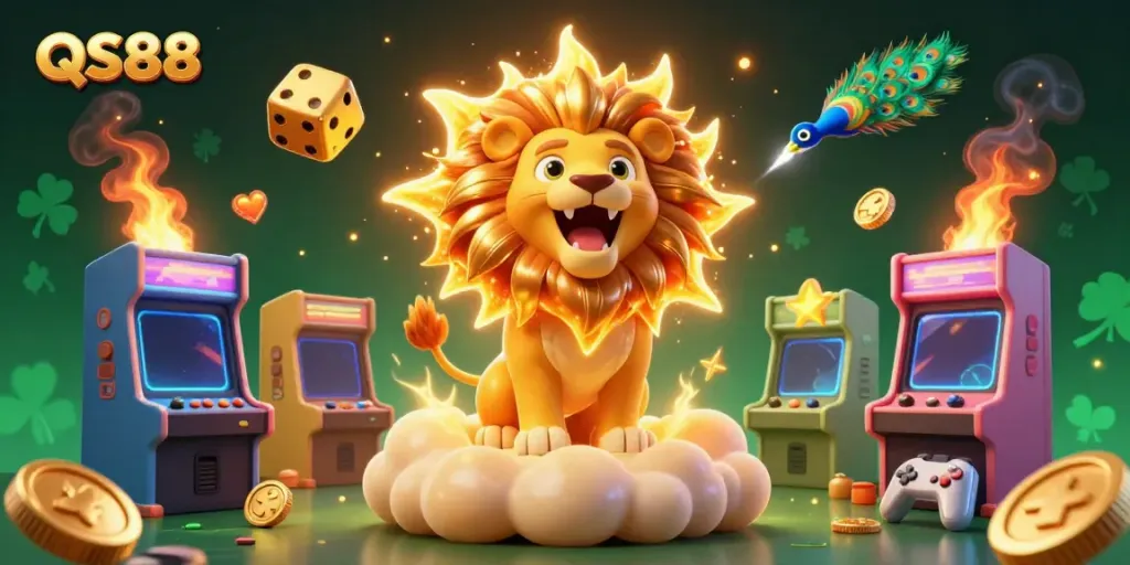 Experience the thrilling QS88 casino adventure with our vibrant 3D lion and colorful gaming elements.