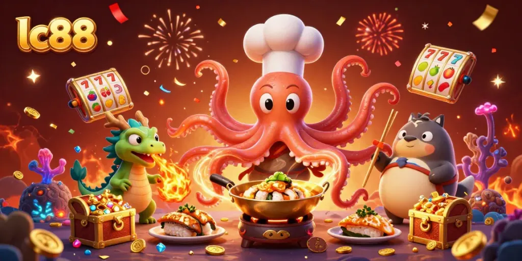 Experience winning moments at lc88 with a vibrant scene of a cheerful octopus chef and friends surrounded by gold.