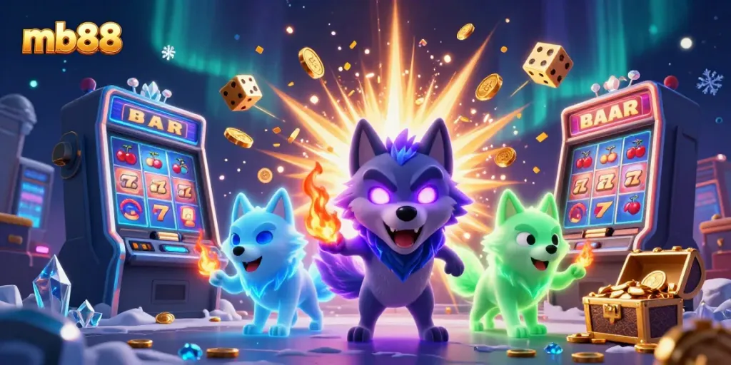Experience thrilling games at mb88 with 3D ghostly wolves, jackpot slots, and winning symbols.