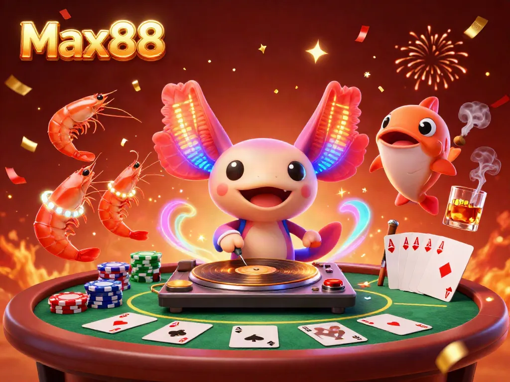 Experience the vibrant Max88 casino atmosphere with a dynamic axolotl DJ and gambling elements in a colorful underwater scene.