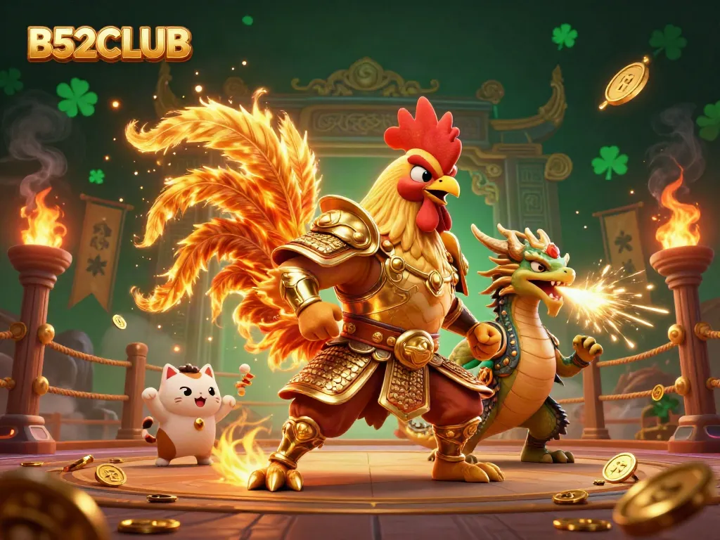 B52CLUB casino scene showcasing a fighting rooster warrior, dragon hatchling, and cheering fortune cat amidst a dynamic gambling arena.