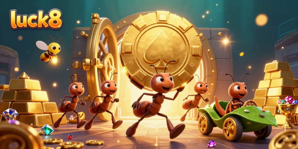 Ants carrying a massive golden poker chip in a heist scene, showcasing luck8 amidst treasure.