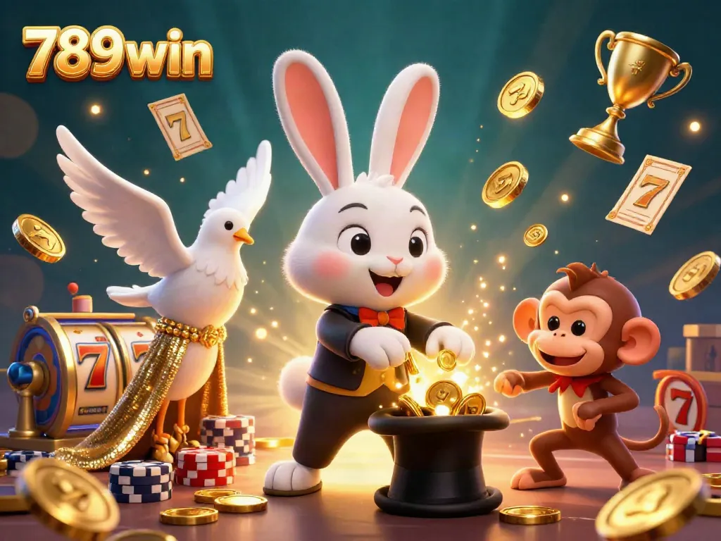 Engage with 789win's thrilling magical scene featuring a rabbit, dove, and monkey amid slot game elements.