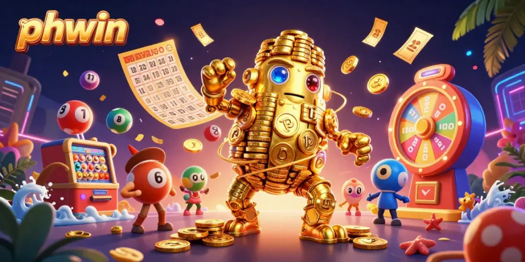 Experience exciting gaming at PHWIN with a dynamic golem surrounded by lottery and casino elements.