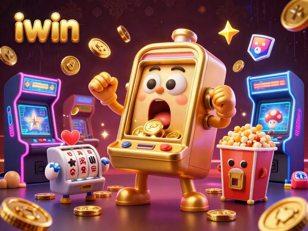 iwin casino sunset action scene with golden slot machine celebrating a jackpot surrounded by cheering baby machines
