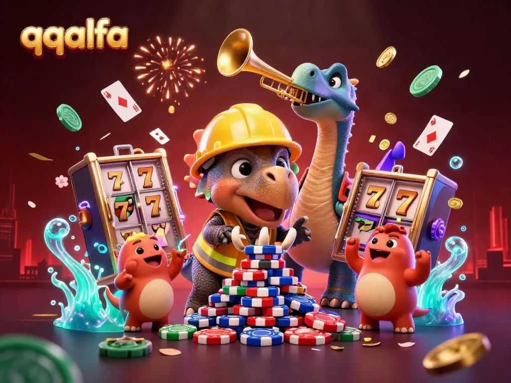 QQalfa merayakan kemenangan di kasino dengan karakter lucu dan elemen judi yang menarik.