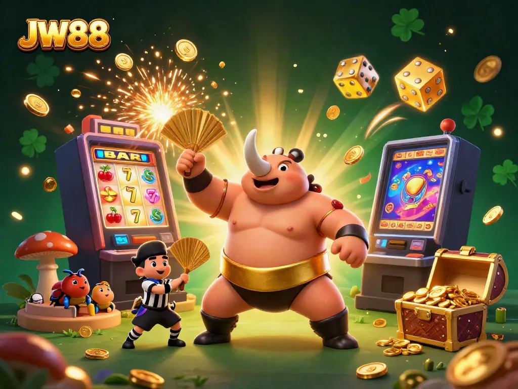 JW88 showcases a dynamic 3D cartoon scene featuring a rhinoceros beetle champion amidst flying coins, slot machines, and thrilling casino elements.