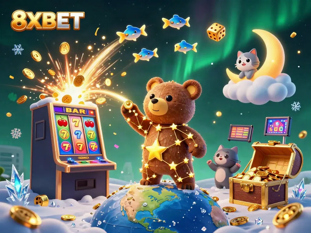 Experience the thrill of winning at 8XBET with vibrant cartoon characters and dynamic casino elements.