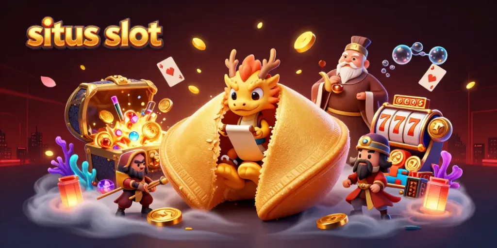 Situs slot engagingly illustrated with a golden fortune cookie, wise dragon, and slot game elements in action.