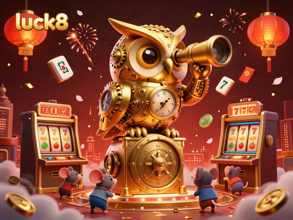Engage with luck8's vibrant casino atmosphere showcasing a golden owl, slot machines, and rich game elements.