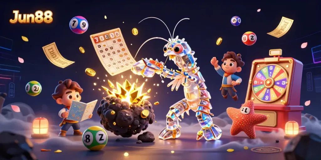 Experience Jun88 with a colorful display of gaming excitement featuring vibrant lottery elements and dynamic characters.