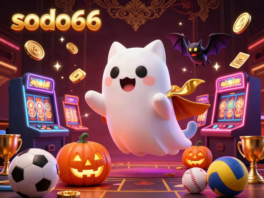 SODO66's friendly ghost cat character entertains players in a vibrant casino with jack-o-lanterns and sports elements.