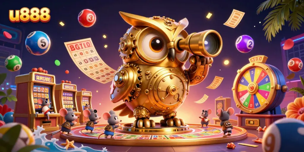 Experience exciting gaming at u888 with animated characters among vibrant casino elements.