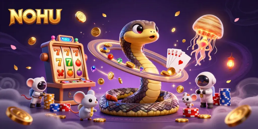 NOHU cosmic themed casino scene featuring slot machine and playful astronaut mice placing bets.