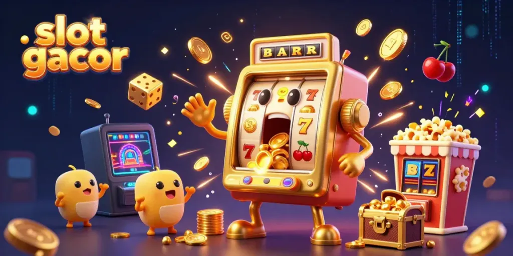Slot gacor menghasilkan jackpot dengan mesin slot emas yang terkejut, dikelilingi simbol permainan kasino.