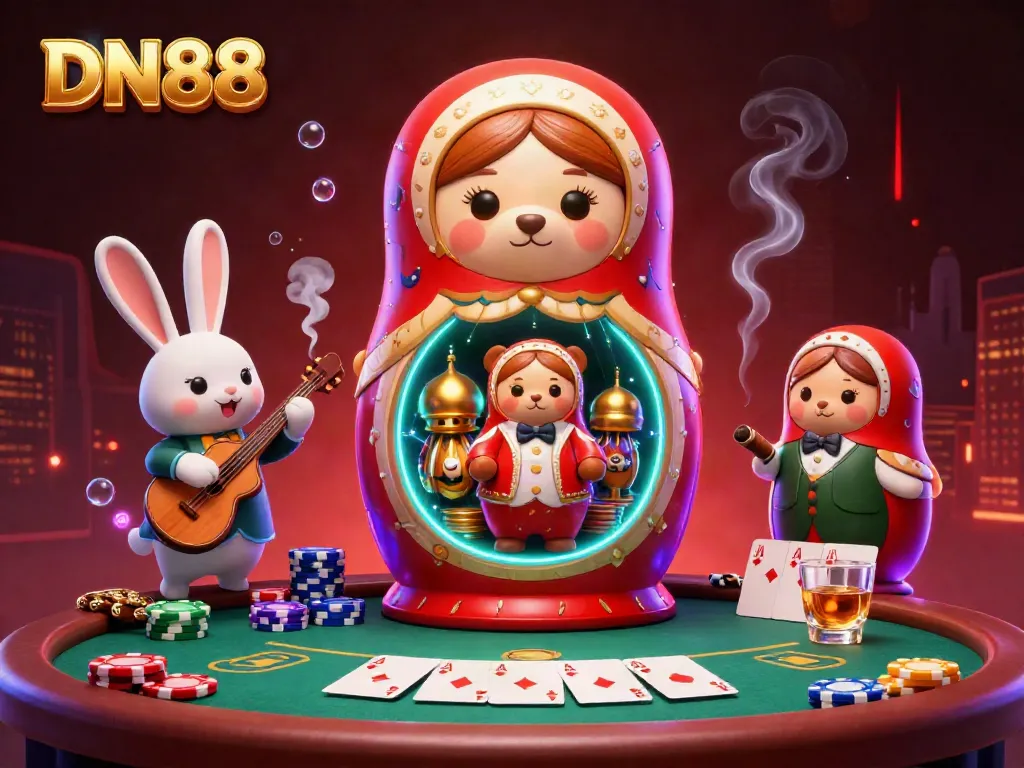 Engage with DN88's vibrant gambling scene featuring a Matryoshka bear and casino elements.