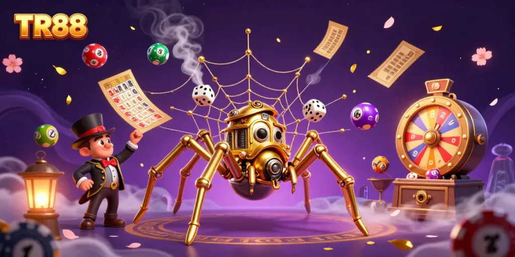 Engage with TR88's thrilling gambling adventure featuring a majestic steampunk spider.